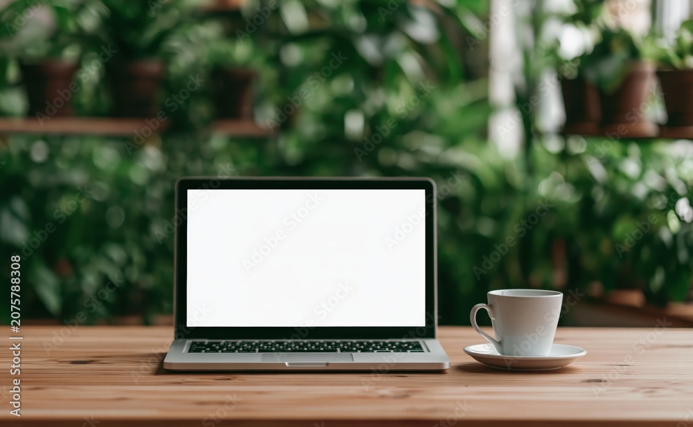 Fototapeta premium Laptop with blank mockup screen on wooden desk with coffee and nature plant office