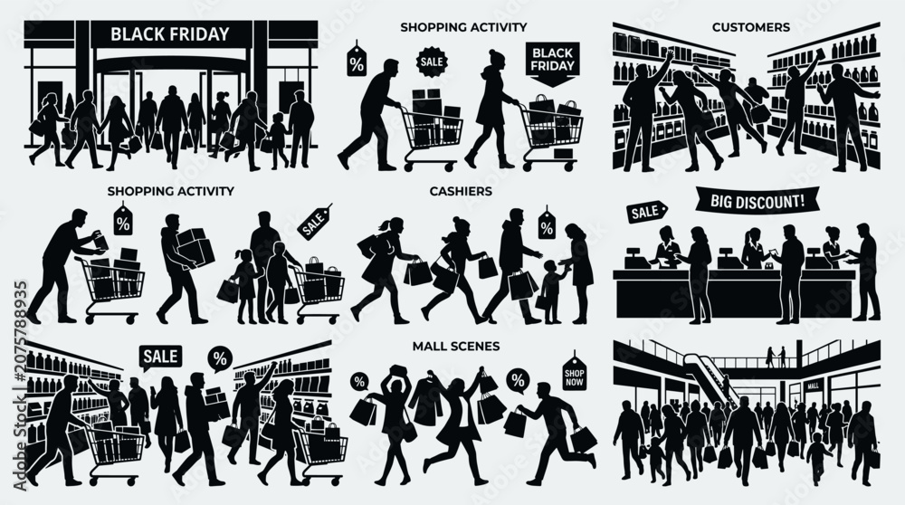 Fototapeta premium Shopping activity and retail scenes with people and discount signs