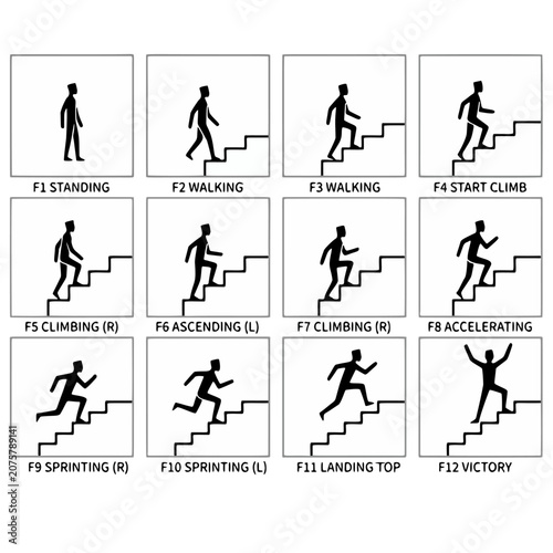 Step-by-step stick figure climbing stairs sequence, minimalist icon set illustrating progress, achievement, and success.