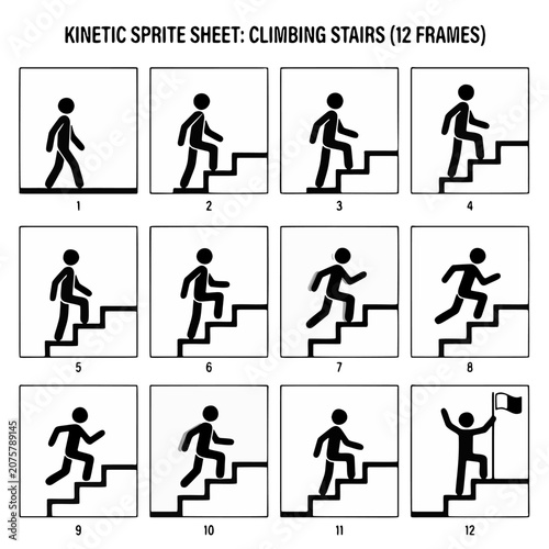 Step-by-step stick figure climbing stairs sequence, minimalist icon set illustrating progress, achievement, and success.