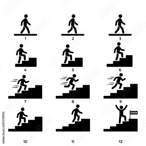 Step-by-step stick figure climbing stairs sequence, minimalist icon set illustrating progress, achievement, and success.
