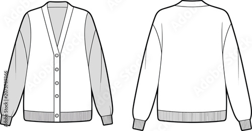 Photos Flat vector cardigan sweater fashion sketch v neckline button ribbed cuff illust