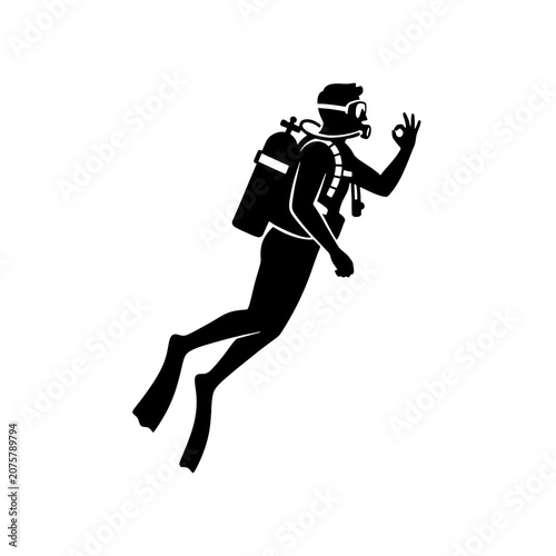 Minimalist vector silhouette of a scuba diver with professional gear performing an okay hand signal isolated on a white background, concept of underwater safety