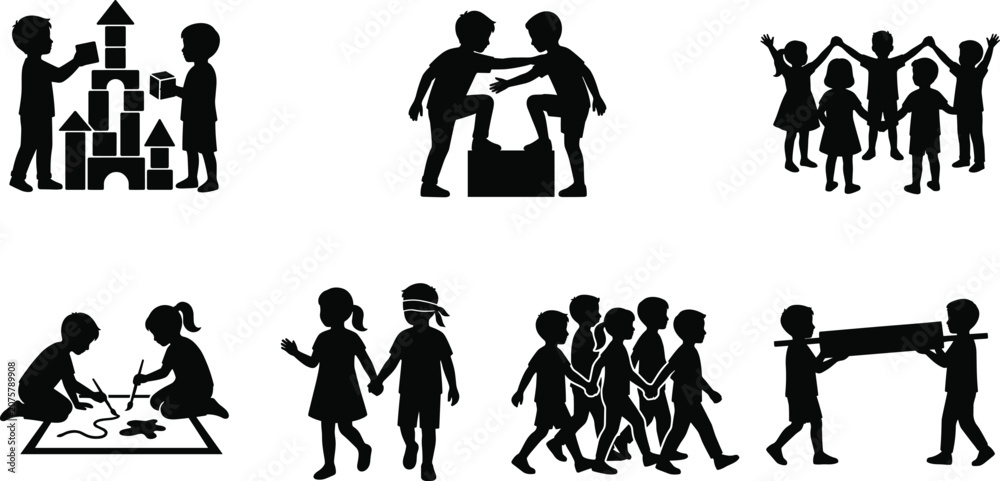 Obraz premium Children Teamwork and Cooperative Play Silhouette Collection Featuring Friendship, Creativity and Group Activities