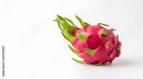 A dragon fruit with green leaves on a white background