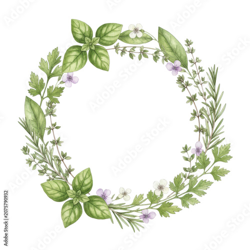 A circular watercolor illustration of a wreath-like frame composed of fresh culinary herbs and dainty edible flowers, isolated on a white background, evoking a wholesome botanical elegance.