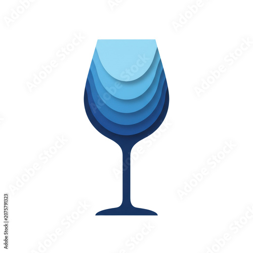 A stylized minimalist silhouette of a wine glass, crafted from layered paper cut-outs in cobalt, navy, and sky blue on a stark white background, showcasing tactile depth and modern elegance concept.