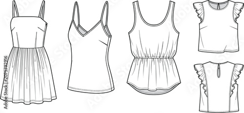 Obraz na płótnie Women fashion technical flat sketch template set including dress camisole and ru