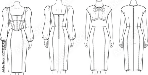 Foto Women fashion technical flat sketch template set of corset midi dress front and