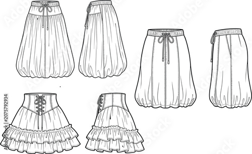 Foto Women fashion technical flat sketch template set of various skirts front and sid