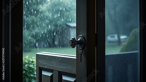 Open porch door with rainstorm outside, a key left in the keyhole.