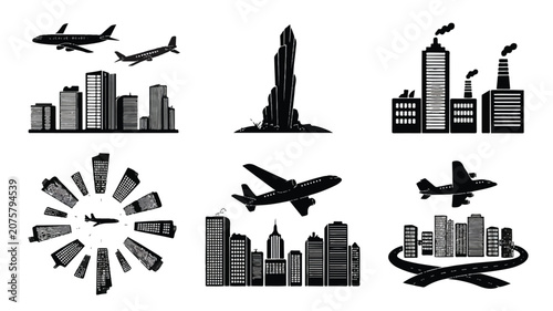 Airplanes Fly Over City Skyscrapers and Industrial Areas