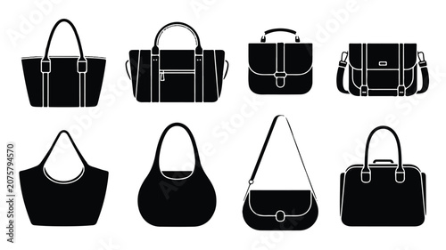 An illustration showing various black handbags and purses arranged in two rows on a white background