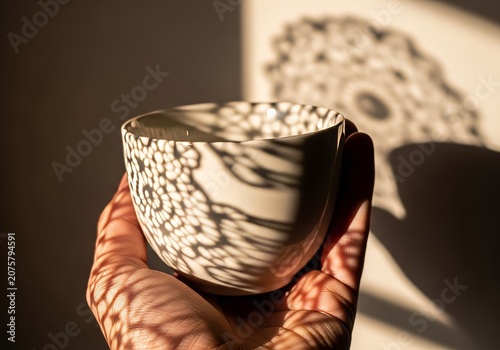 Sunlight casts delicate lace-like shadows across a hand gripping a minimal ceramic cup, creating an artistic and peaceful morning mood, pottery, grip, soft