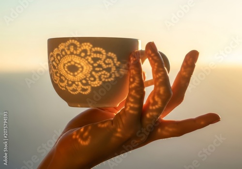 Sunlight casts delicate lace-like shadows across a hand gripping a minimal ceramic cup, creating an artistic and peaceful morning mood, organic, silhouette, pottery