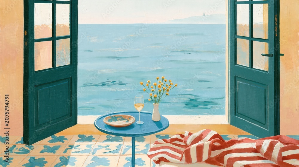Obraz premium Open doors leading to a beautiful mediterranean sea view with table and wine