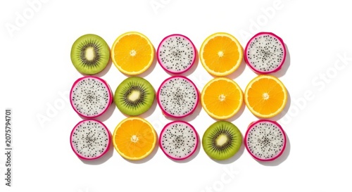 Top view of sliced oranges, kiwis, and dragon fruit organized in a perfect grid pattern on a clean white surface with sharp shadows, overhead, structure, minimalist