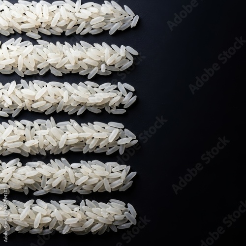 Top view of dry white rice grains meticulously arranged in parallel lines on a dark background, creating a minimalist geometric pattern, natural, culinary, minimalist