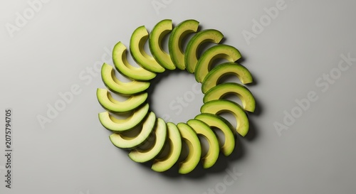 Top view of fresh ripe green avocado slices arranged in a circular pattern on a neutral background, showing smooth texture and creamy pulp, isolated, culinary, preparation