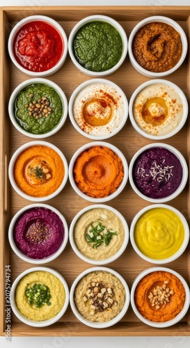 Top-down view of a rectangular wooden tray holding various ceramic bowls filled with colorful gourmet dips and spreads in a neat grid pattern, ingredients, ceramic, guacamole