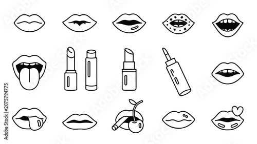 An illustration depicts various lip and makeup related objects and lips.