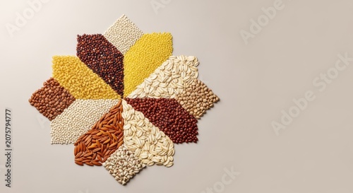 Various raw organic grains arranged in precise geometric patterns on a neutral background, showcasing textures and natural earth tones, harvest, modern, overhead
