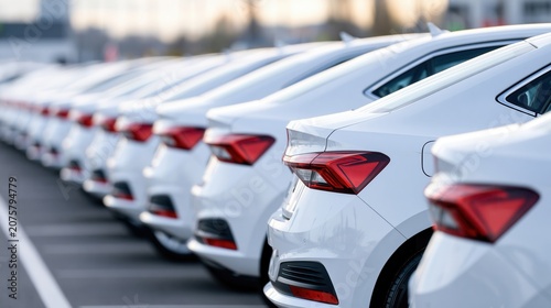 Row of identical white cars parked in a large outdoor parking lot