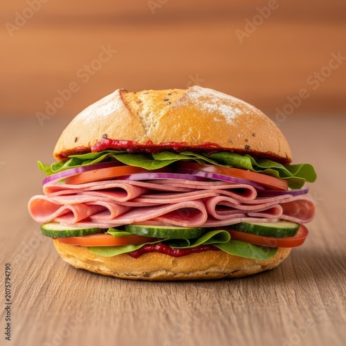 Vibrant artisan sandwich featuring layered deli meats and crisp vegetables captured with soft natural highlights on a rustic wooden table, wooden, dinner, textured