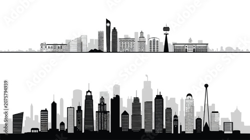 A minimalist cityscape illustration depicts a black and white urban landscape with skyscrapers and buildings.