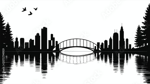 A serene cityscape at dusk features a bridge, skyscrapers, trees, water, birds, and a minimalist skyline.