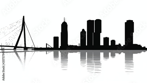 A minimalist illustration depicts a city skyline with a bridge over water at dusk.