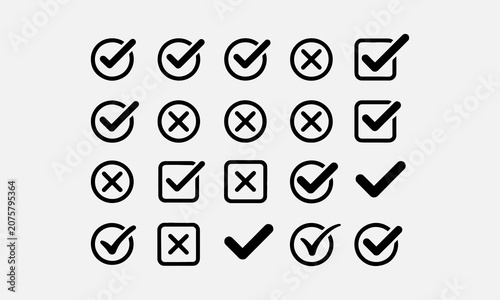 Set cross mark icons in circle, checklist signs, flat checkmark badge, isolated tick symbols