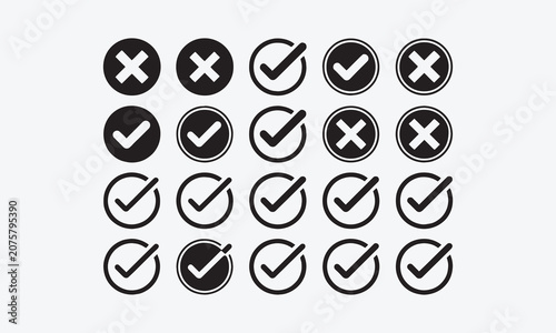 Set cross mark icons in circle, checklist signs, flat checkmark badge, isolated tick symbols