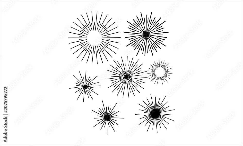 Obraz premium Starburst stars and sparks set, collection retro sunburst element, beams rays, radiating strips, radial streaks lines
