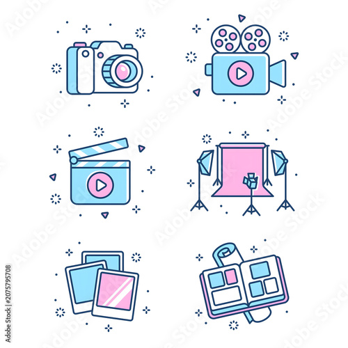 Photography and Video Production Icon Set with Camera, Camcorder, Studio, Film and Photo Album Concepts