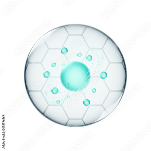 Pristine translucent water drop with luminous teal spheres in dynamic orbit, macro style on minimalist white background with subtle hexagonal pattern, scientific innovation atmosphere