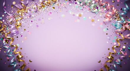 wallpaper of glitter, confetti, and party streamers, soft pastel purple background with copy space. Minimal festive texture. Simple, modern holiday abstract, celebration, birthday decor, stationery