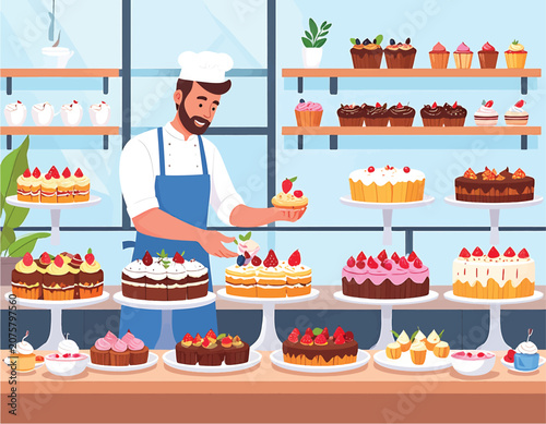 Chef preparing colorful layered cakes in kitchen.