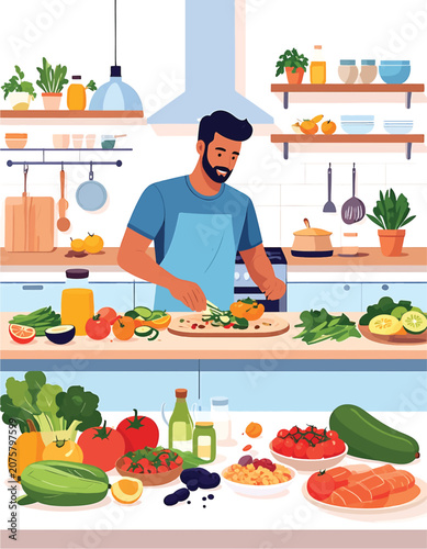 Chef preparing colorful fresh vegetable dishes.