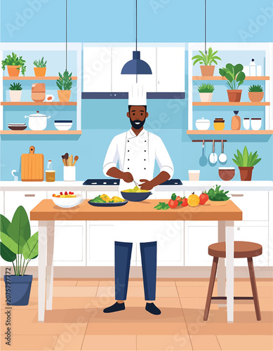 Chef preparing dishes in modern kitchen setting.