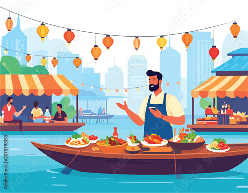 Chef preparing seafood dishes on boat kitchen.