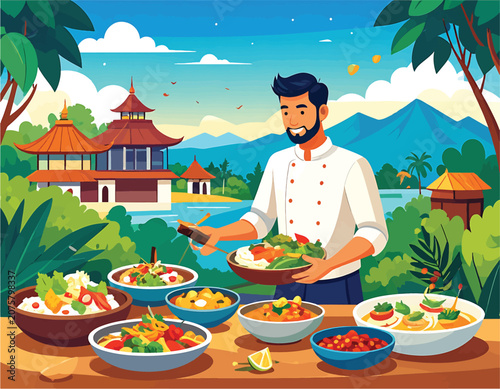 Chef smiling while serving colorful dishes outdoors.