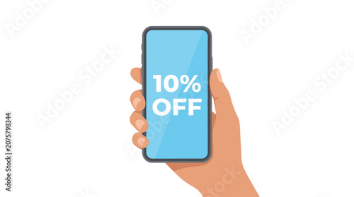 Fotografie Discount Offer on Mobile: A hand holds a smartphone displaying a 10% OFF discount offer, symbolizing a mobile shopping promotion or special deal