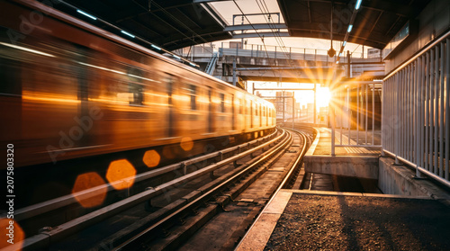 Motion Blur Commuter Train Speeding Through Urban Station at Sunset With Golden Lens Flare