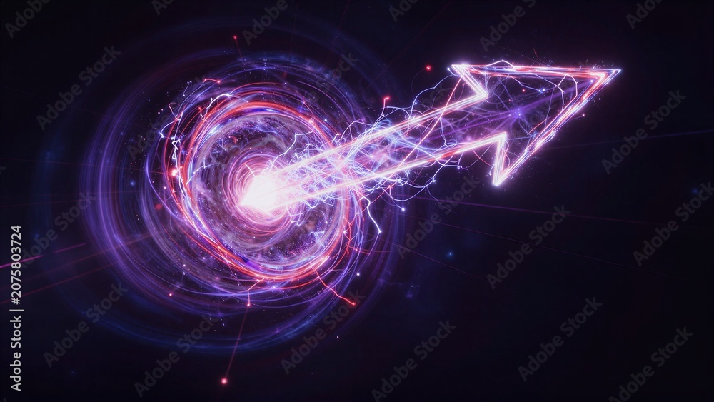 Fototapeta premium Neon arrow pierces cosmic vortex, lightning crackles through dark space.