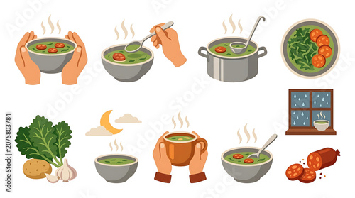 Caldo verde soup set with traditional portuguese ingredients, bowls, and hands holding hot soup