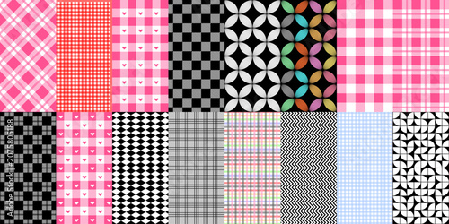 Collection of seamless geometric and plaid patterns with colorful and monochrome designs, ideal for textiles, wallpapers, packaging, and graphic projects.