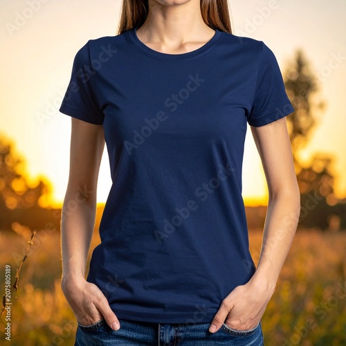 Navy t-shirt on model, sunset
