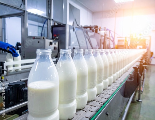 Milk bottles on conveyor belt