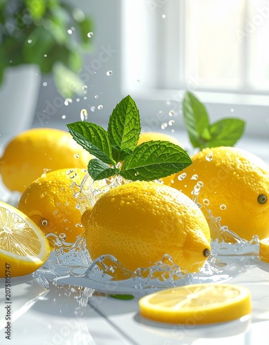 Fresh lemons splashed with water